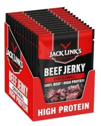 Produktbild: Jack Links Beef Jerky Original – 12er Pack (12 x 25g) – Trockenfleisch Eiweiß Snacks - High Protein Snack für Gym, Fitness, Outdoor - American Food für Menschen - Dörrfleisch Chips aus Rind Fleisch