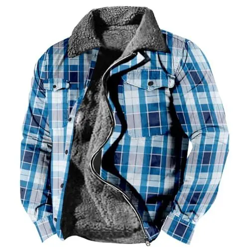 Produktbild: Jack Will Warm gefütterte Wollkaro-Hemdjacke für Herren, Winter-Schwergewichts-Dickjacke, Klassische -Reißverschlussjacke Koreanische (Blue, S)