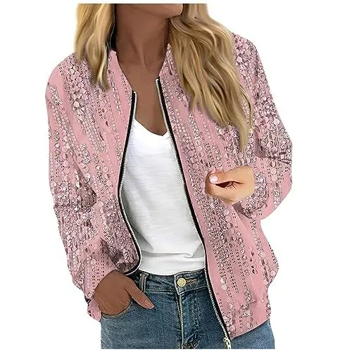 Produktbild: Jacke Damen,Dünne Jacke Damen,Damen Bomberjacke mit Reißverschluss Blouson Pilotenjacke College Leichte Langarm Dünne Übergangsjacke mit Taschen 2024,Pink,XXL