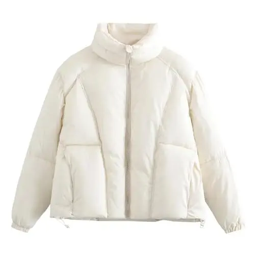 Produktbild: Jacke Damen Schwarz Fellkragen Damen Einfarbige Stehkragen Lose Warme Dicke Brotjacke Baumwolljacke Kurze Jacke Jacket for Winter Women (White, L)