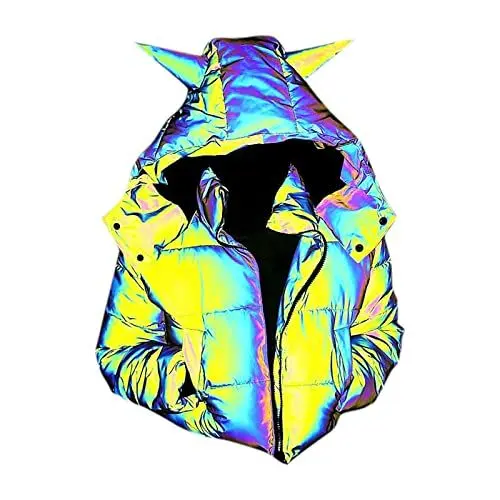 Produktbild: Boucle Jacke Damen Damen Fleecejacke Mit Kapuze Glow Rainbow Hip Hop Mantel Schwarz Reflektierende Jacke für Damen Abnehmbarer Kapuzenreißverschluss Steppmantel Damen Winter Fleecejacke (Black, XL)