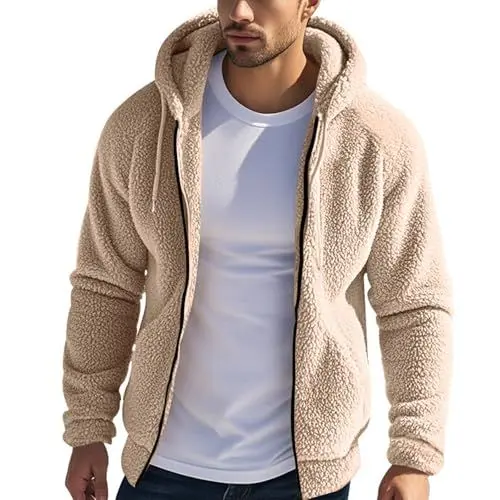 Produktbild: Fleecejacke Herren Winterjacke mit Kapuze Winterwarmes Fleece Jacke Winter FleeceFutter Thermojacke Reißverschluss Outdoor Langarm Oversized Jacken Regular Fit Frontzipper Fliesjacke Khaki XXL