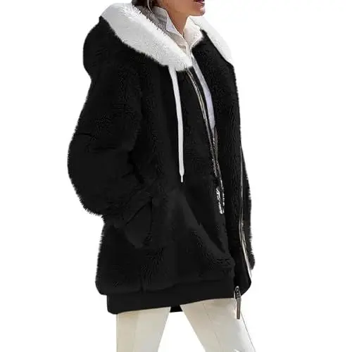 Produktbild: Mantel Weiblich Solid Cute Mantel Reißverschluss Gemütlich Winter Arbeit Jacken Damens Langarm Hood Warn Kaputze Plüsch Schwarz