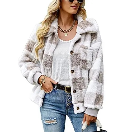 Produktbild: Jacken Damens Heiligabend Tailliert Hemdes Mit Taschen Klassische Dicke mit Reverskrage Jacken Frauen Langarm Kariertes Party Warmer Khaki