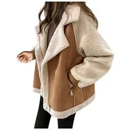 Produktbild: Jacken aus Lammwolle für Frauen,Große Größe Langarm Reverskragen Freizeitmantel,übergangsjacke Damen Herbst,Outwear mit Reißverschluss（Khaki,L）,A234