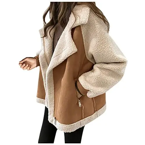 Produktbild: Jacken aus Lammwolle für Frauen,Große Größe Langarm Reverskragen Freizeitmantel,übergangsjacke Damen Herbst,Outwear mit Reißverschluss（Khaki,L）,A234
