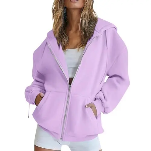 Produktbild: Jackenaufhänger Damen Oversize Streifen gedruckt lässig Taschen Kordelzug Kapuzenjacke Reißverschluss Kapuzen Damen Hoodie Gefütterte Winterjacke Damen Damen Steppjacke Übergang Purple XL