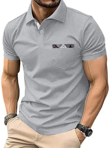 Produktbild: JACKETOWN Herren Poloshirt Kurzarm Kontrastfarbe Karierte Poloshirt Atmungsaktive mit Brusttasche Golf Polo Shirt Elastisch Weicher Stoff Sommer M-3XL