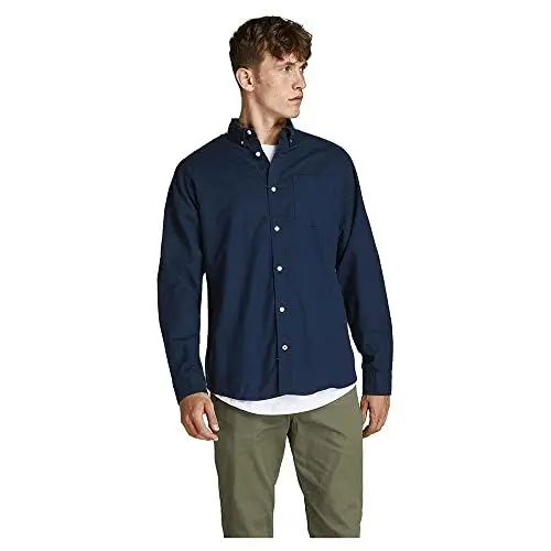 Produktbild: JACK&JONES Hemd Slim Fit Business Shirt mit Brusttasche Weiches Langarm Twill Oberteil JJEOXFORD, Größe Hemd:M,Farben:Navy
