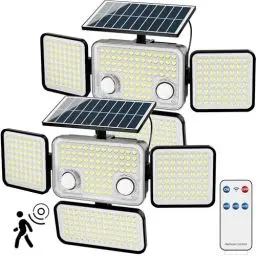 Produktbild: JACKYLED Solarlampen für Außen, 2500LM 278 LED Solarlampen für Außen mit Bewegungsmelder, 4 Köpfe Solar Flutlichter, IP65 Wasserdicht, Sicherheitsleuchten für Garten Terrasse, 2 Stück