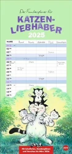 Produktbild: Jacob Familienplaner für Katzenliebhaber 2025: Terminkalender für Katzenliebhaber. Praktischer Familienkalender mit 5 Spalten. Liebvoll illustrierter Wandplaner für Familien. (Familienplaner Heye)