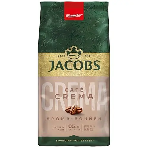 Produktbild: Jacobs Kaffeebohnen Café Crema Aroma-Bohnen, sanft & fein nussig, geröstet in Bremen, Intensität 5/10, Kaffee ganze Bohnen, 500 g