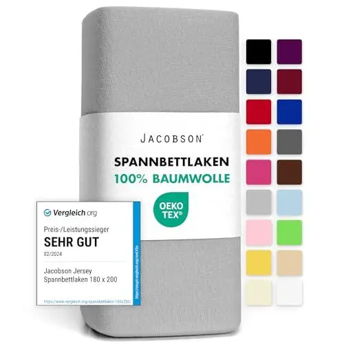 Produktbild: Jacobson Jersey Spannbettlaken Spannbetttuch Baumwolle Bettlaken (120x200-130x200 cm, Grau)
