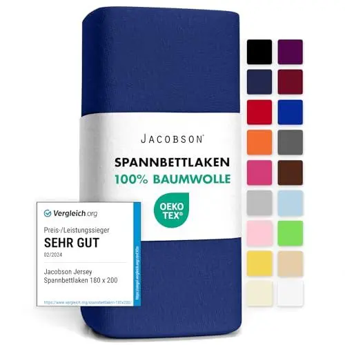 Produktbild: Jacobson Jersey Spannbettlaken Spannbetttuch Baumwolle Bettlaken (180x200-200x200 cm, Royal Blau)