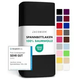 Produktbild: Jacobson Jersey Spannbettlaken Spannbetttuch Baumwolle Bettlaken (180x200-200x200 cm, Schwarz)