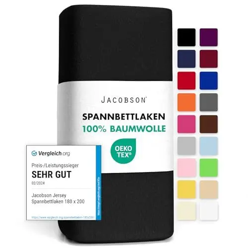 Produktbild: Jacobson Jersey Spannbettlaken Spannbetttuch Baumwolle Bettlaken (180x200-200x200 cm, Schwarz)