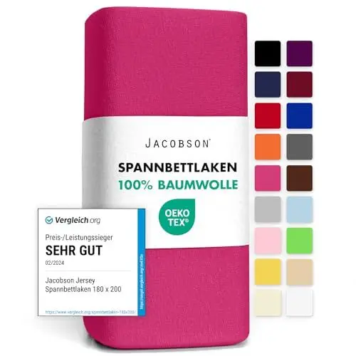 Produktbild: Jacobson Jersey Spannbettlaken Spannbetttuch Baumwolle Bettlaken (180x200-200x200 cm, Pink)