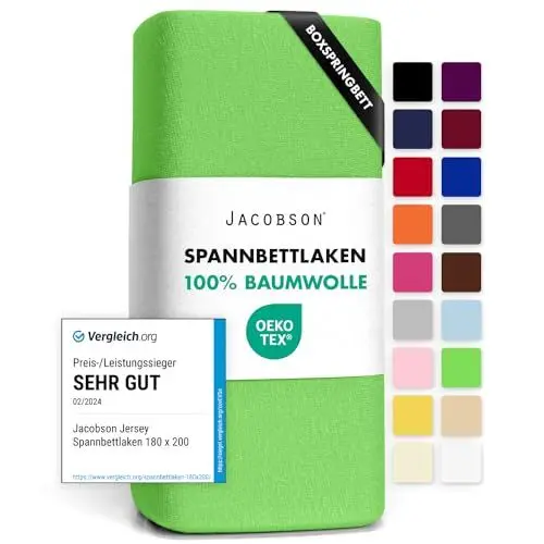 Produktbild: Jacobson Jersey Spannbettlaken Spannbetttuch Baumwolle Bettlaken (180x200-200x220 cm, Apfelgrün)