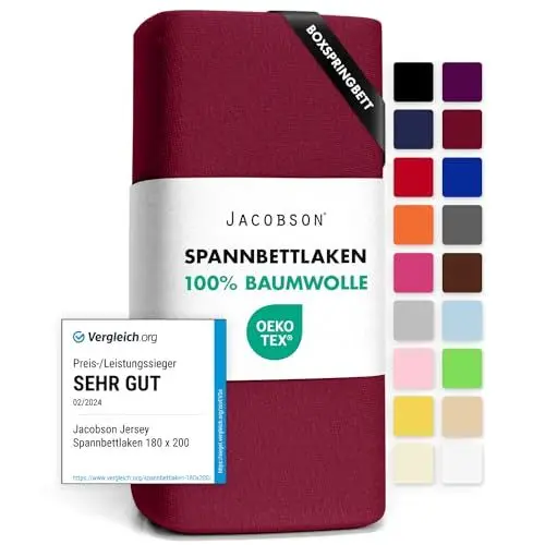 Produktbild: Jacobson Jersey Spannbettlaken Spannbetttuch Baumwolle Bettlaken (180x200-200x220 cm, Bordeaux)