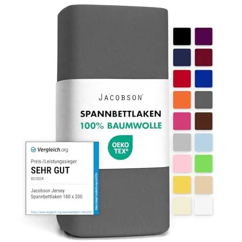 Produktbild: Jacobson Jersey Spannbettlaken Spannbetttuch Baumwolle Bettlaken (90x200-100x200 cm, Anthrazit)