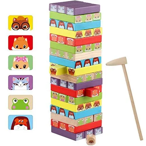 Produktbild: Jacootoys Klassische Stapelspiel Holz Gefärbt Bausteine Turm Brettspiele Stapelturm Geschenk für Kinder Erwachsene 54 Stück