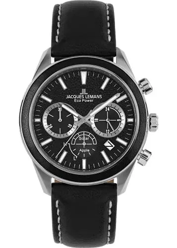 Produktbild: JACQUES LEMANS Herrenuhr, Eco Power Uhren Männer, Chronograph aus massivem Edelstahl mit Apfel-Leder Armband, Herrenuhr großes Ziffernblatt - Suit for Men, Model 1-2115A, Arm Herrenuhr groß