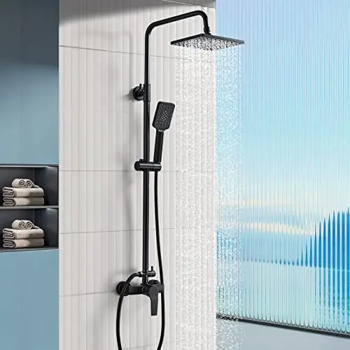 Produktbild: Jacurley Duschsystem mit Duscharmatur Schwarz, Duscharmatur Komplettset, Regendusche Höhenverstellbar, Duschset mit Mischbatterie Dusche | Kopfbrause | Handbrause | Brausestange | Schlauch