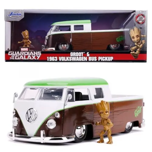 Produktbild: Jada Toys Marvel Groot, 1963 Bus Pickup, Spielzeugauto aus Die-cast, Türen, Kofferraum, Motorhaube zum Öffnen, inkl. Die-cast Groot Figur, Maßstab 1:24, braun