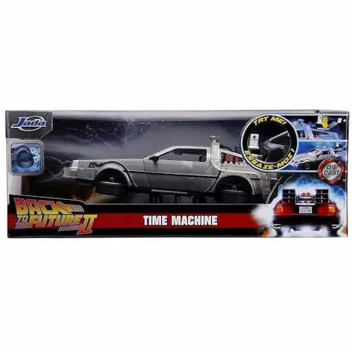 Produktbild: Jada Toys 253255021 Time Machine Back to The Future 2, Spielzeugauto aus Die-cast, Türen, Motorhaube, Kofferraum zum Öffnen, drehende Räder, Licht, inkl. Batterien, Grau, 1:24