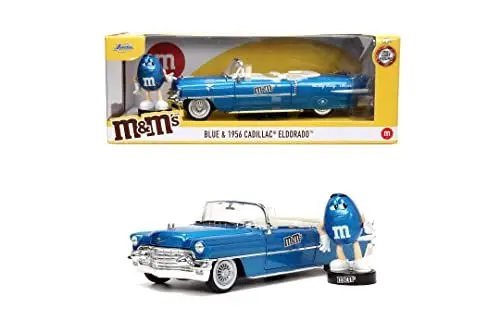 Produktbild: Jada Toys M&Ms Figur Blue mit 1956er Cadillac Eldorado - Spielzeug-Set aus Modellauto und Blauer M&M`s Figur, dekorativer Fanartikel aus Metall für Sammler & Schokoladen-Liebhaber, 18 cm