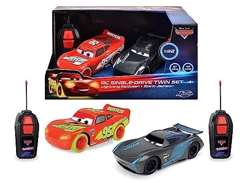 Produktbild: Jada Toys - RC Glow Racers Lightning McQueen & Storm Jackson (je 14 cm), Single Drive Twin Set aus Disney Pixars Cars, 2 ferngesteuerte Autos mit Leuchteffekt, Spielzeug für Kinder ab 4 Jahre