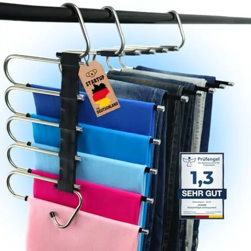 Produktbild: Jadami Kleiderbügel platzsparend 2X mehrfach Hosenbügel mit Rutschschutz - 5in1 Hosenaufhängung - Kleiderschrank Organizer (Schwarz)