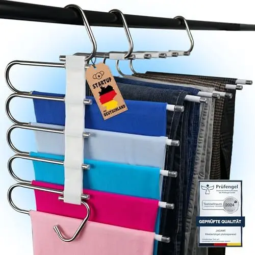 Produktbild: Jadami Kleiderbügel platzsparend 2X mehrfach Hosenbügel mit Rutschschutz - 5in1 Hosenaufhängung - Kleiderschrank Organizer (Weiß)