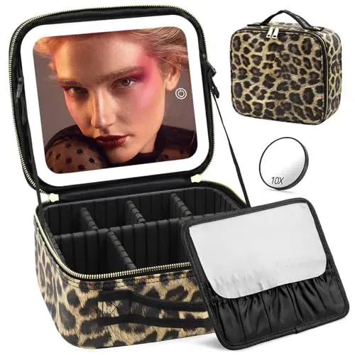 Produktbild: JADAZROR Make-up-Tasche mit Spiegel und Licht, Reise-Make-up-Tasche mit 3-farbigem LED-beleuchtetem Make-up-Organizer, tragbares Make-up-Etui mit verstellbaren Trennwänden, Kosmetiktasche, Geschenk