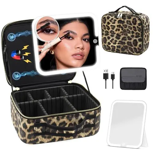 Produktbild: JADAZROR Make-up-Tasche mit magnetischem, abnehmbarem, beleuchtetem Spiegel, 360°-Winkel, Reise-Make-up-Tasche mit Lichtern, tragbare Kosmetiktasche, Organizer, Reise-Zug-Etui