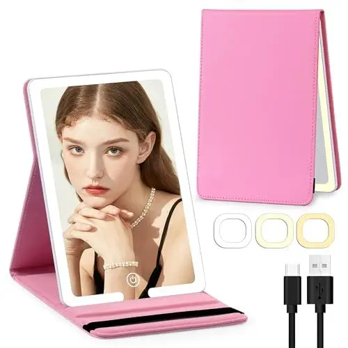 Produktbild: JADAZROR Reise-Make-up-Spiegel mit Lichtern, PU-Leder-Reisespiegel 3 Farben LED-beleuchteter Make-up-Spiegel, wiederaufladbarer 1500-mAh-Kosmetikspiegel, tragbarer Make-up-Spiegel von 20x15cm