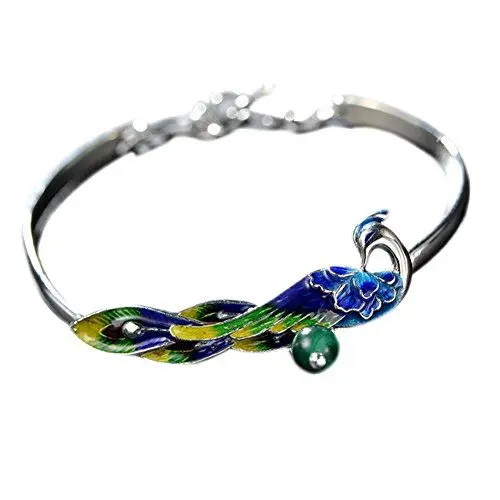 Produktbild: JadeAngel 925 Sterling Silber Armreif Armband mit farbigen Emaille Pfau Charme