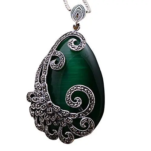 Produktbild: Jade Angel Halskette mit Anhänger, 925er Silber, synthetischer grüner Opal, Markasit, Retro-Stil
