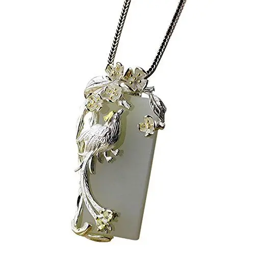 Produktbild: Jade Angel Halskette mit Anhänger aus 925er-Sterlingsilber mit Blumen- und Vogelmotiv aus natürlicher Jade