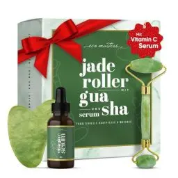 Produktbild: Jade Roller mit Vitamin C Serum & Gua Sha - Premium Jade Stein - Massage Roller gegen Augenringe und Falten - Hautpflege Set - Skin Care Set - Gesichtsmassagegerät