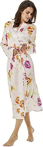 Produktbild: Jadee Damen Seiden Morgenmantel Bademantel Hausmantel aus 100% Seide - Pink Roses - M