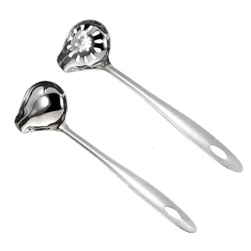 Produktbild: Jadin Suppenkelle, Saucenlöffel, 2 Stück Edelstahllöffel und Schaumlöffel, Hitzebeständiger Griff aus Edelstahl, zum Kochen/Rühren/Servieren von Gerichten, mit Löchern, Spülmaschinenfest, 27,2 x 8 cm