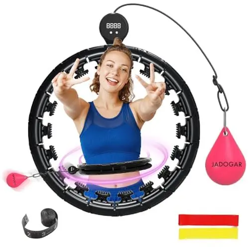 Produktbild: JADOGAR Smart Hula Hoop mit Zähler, Modern Hullahub Reifen zum Abnehmen mit 24 Verstellbaren Knoten, Hula Hoop Reifen Erwachsene, 2 Widerstandsbänder&1Maßband