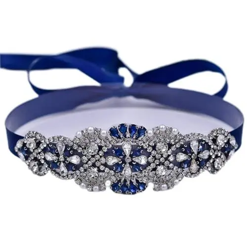 Produktbild: Jadvenword Neue Braut farbige Strassgürtel Brautkleid Accessoire mit marineblauem Satinband - Hochzeit, Party, Tanz, Abendessen, Show, Festivals, Styling