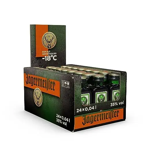 Produktbild: Jägermeister – 24 x 0,04l Premium Kräuterlikör Shots 35% Vol. als Party Geschenk – Aus 56 erlesenen Kräuter – Im Eichenfass gelagert – Das Original aus Wolfenbüttel