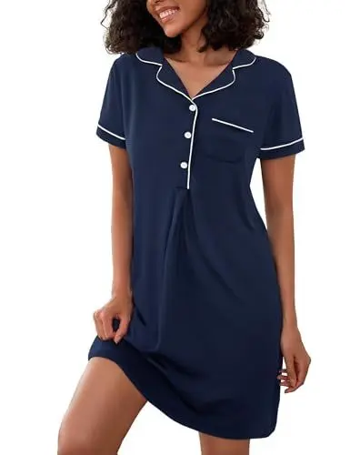 Produktbild: Jahetuul Nachthemd Damen Kurzarm Baumwolle Schlafshirt Sommer Schlafkleid mit Knopfleiste Nachtwäsche Weiches Sleepshirt für Damen Negligee