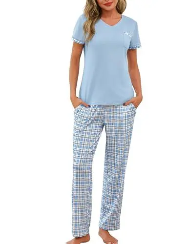 Produktbild: Jahetuul Pyjama Damen Baumwolle V-Ausschnitt Schlafanzüge Sommer Zweiteiler Pyjamahose lang Hausanzug kurzärmeliges Oberteil Lange Hose Karomuster