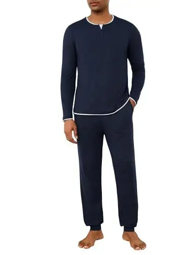 Produktbild: Jahetuul Pyjama Herren Baumwolle einfarbig Pyjamahosen Schlafanzüge für Herren Langarm Schlafanzug Männer Schlafanzughose lang Zweiteiler Jungen