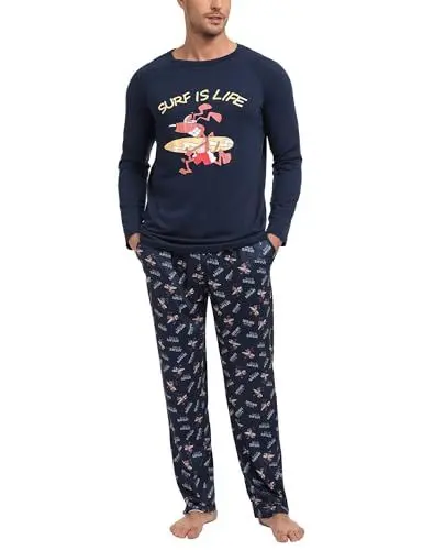Produktbild: Jahetuul Schlafanzüge für Herren Baumwolle Pyjama Jungen Lounge Set lustig Pyjama Langarm Schlafanzug Männer Pijama Schlafanzughose locker Zweiteiler