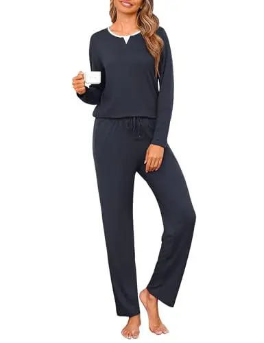 Produktbild: Jahetuul Schlafanzug Damen Langarm Baumwolle Rundhalsausschnitt Zweiteiler Nachtwäsche Set mit Lagenlook am Ausschnitt Uni Farbe Winter Hausanzug